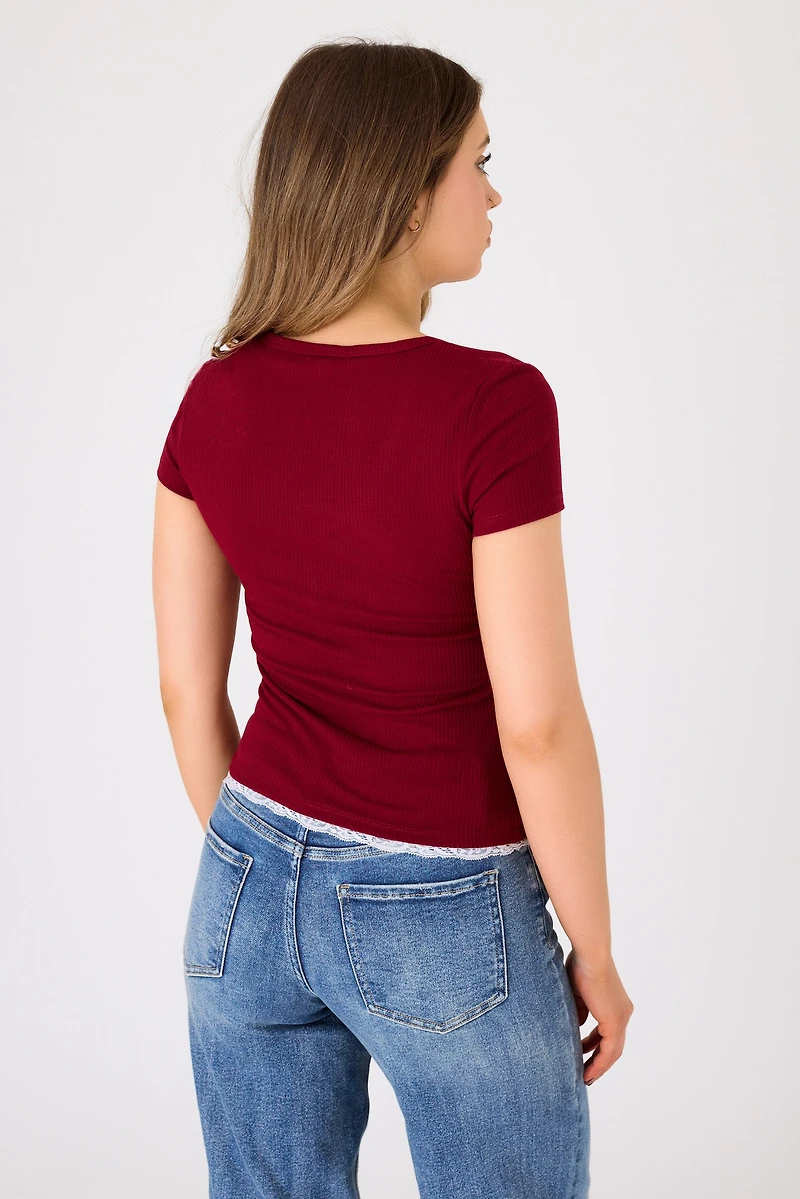 Ribbed Lace-Trim Henley Top