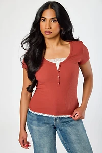 Ribbed Lace-Trim Henley Top