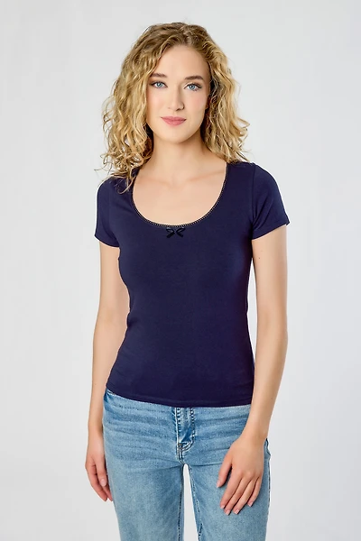 Scoop-Neck Cap-Sleeve Tee with Lace Trim and Bow