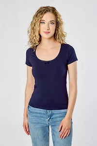 Scoop-Neck Cap-Sleeve Tee with Lace Trim and Bow