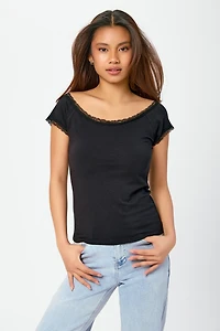 Off-The-Shoulder Cap-Sleeve Tee with Lace Trim