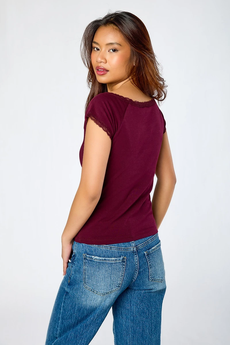 Off-The-Shoulder Cap-Sleeve Tee with Lace Trim