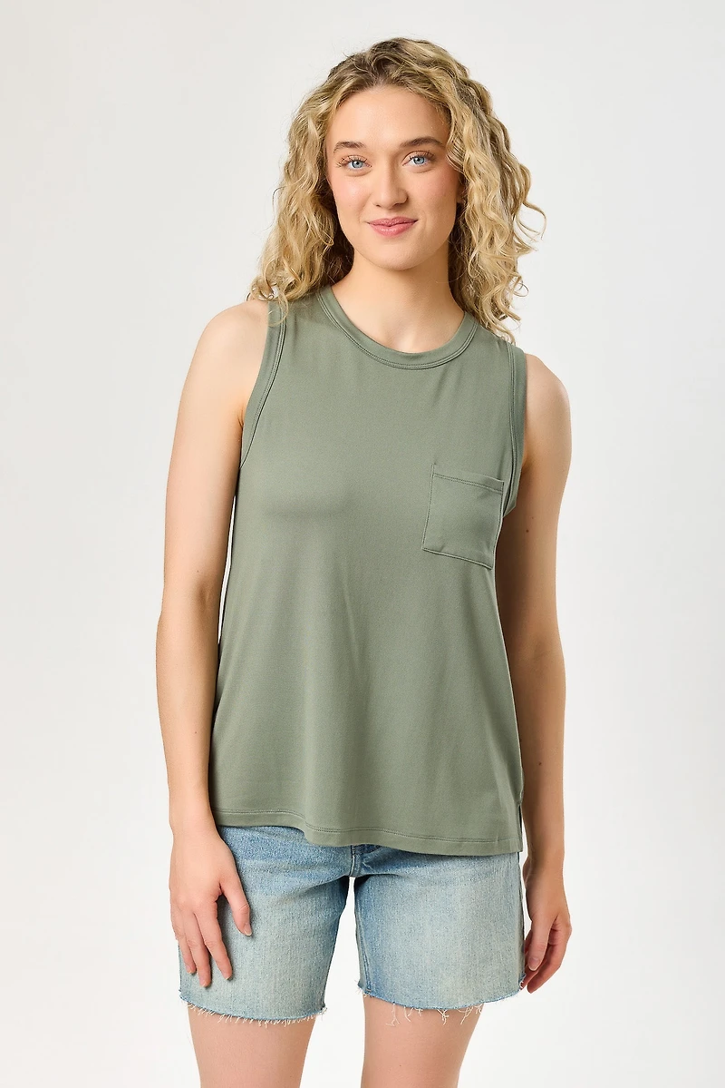 Brushed Scoop-Neck Tank with Pocket