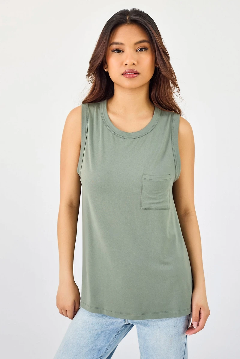 Brushed Scoop-Neck Tank with Pocket