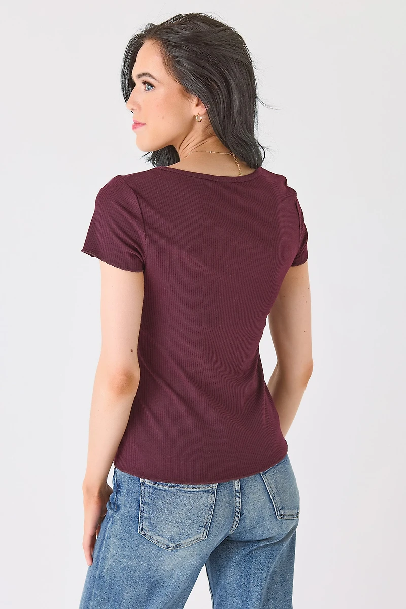 Ribbed Lace-Trim Button Tee