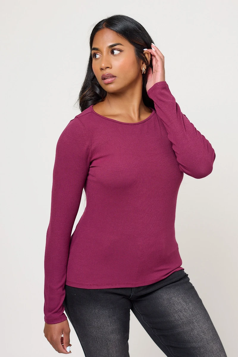 Ribbed Boat Neck Long Sleeve Tee