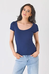 Ribbed Cap-Sleeve Scoop-Neck Tee