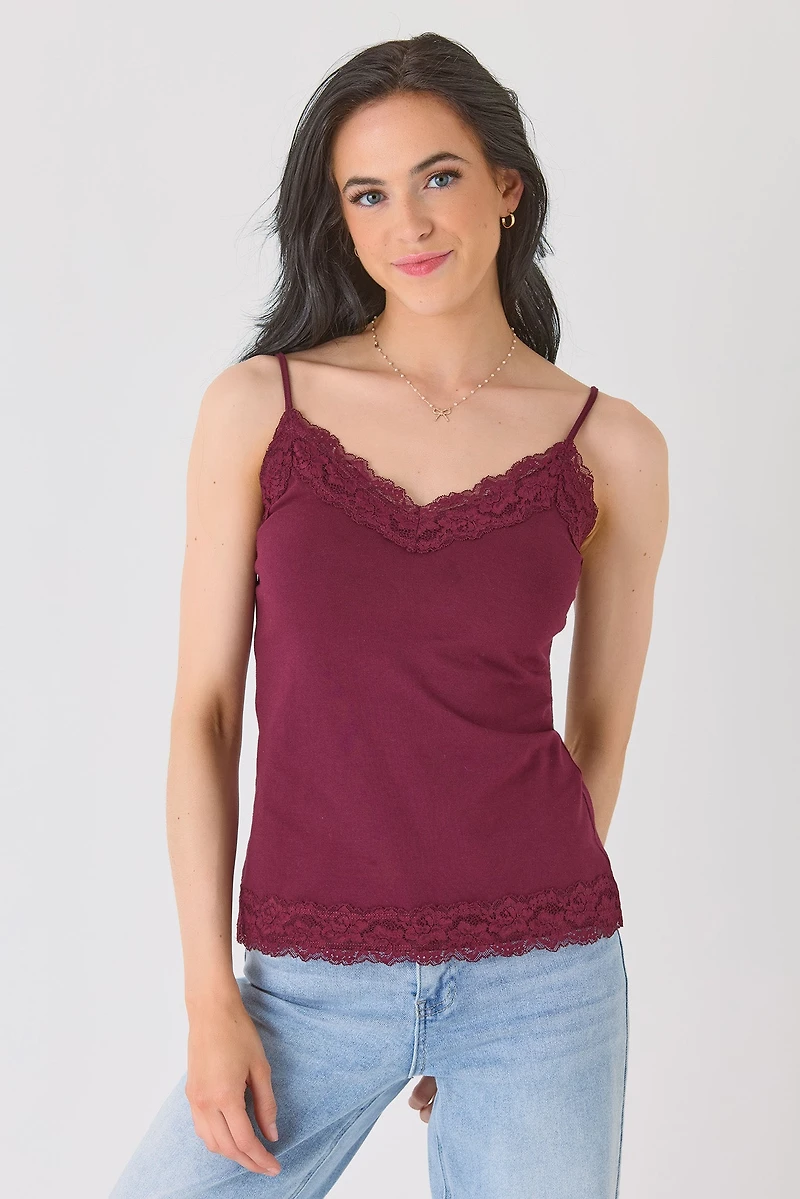Lace Trim Cotton Blend Layering Cami
