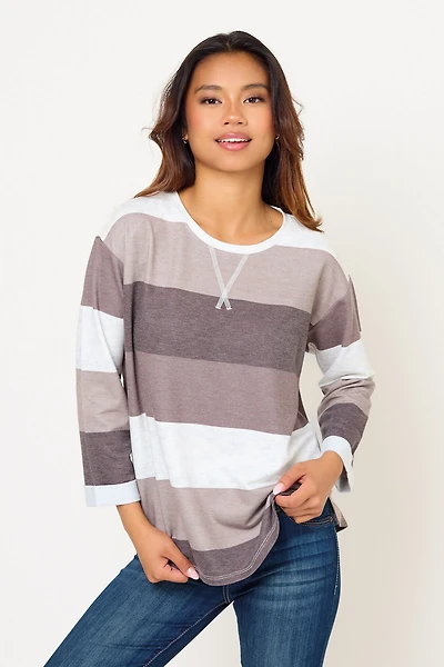 Striped French Terry 3/4-Sleeve Tee with Side Slits