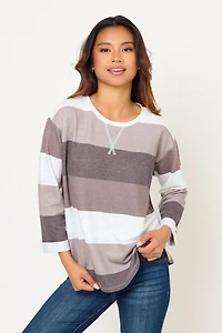 Striped French Terry 3/4-Sleeve Tee with Side Slits