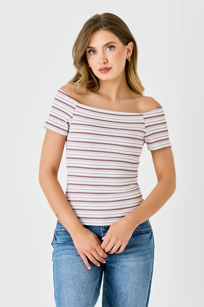Stripe Rib Off-Shoulder Tee