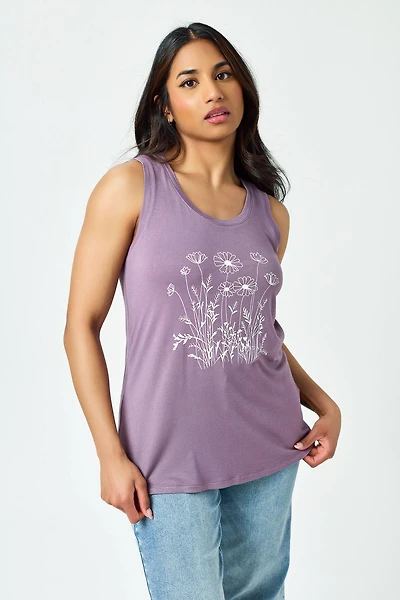 Sleeveless Scoop-Neck Tank with Flower Graphic