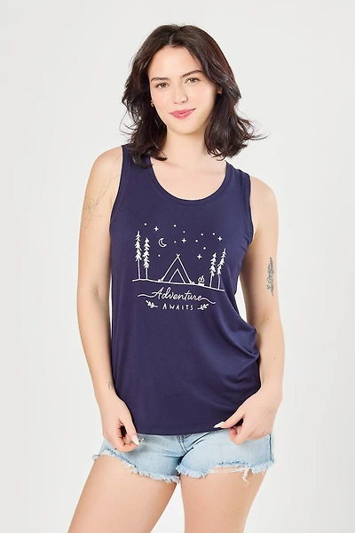 "Adventure Awaits" Sleeveless Scoop-Neck Tank with Shirttail Hem