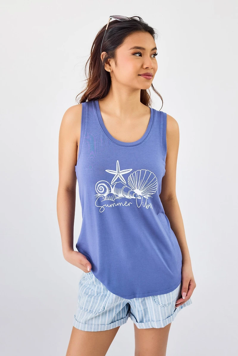 "Summer Vibes" Sleeveless Scoop-Neck Tank with Shirttail Hem