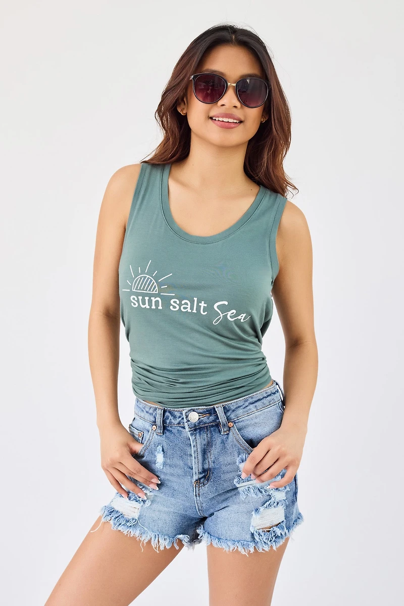 "Sun Salt Sea" Sleeveless Scoop-Neck Tank with Shirttail Hem