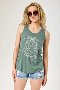 Palm Tree and Hibiscus Graphic Scoop-Neck Tank with Shirttail Hem