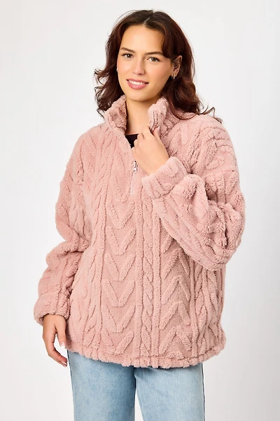 Cable Embossed Sherpa Quarter Zip Sweatshirt