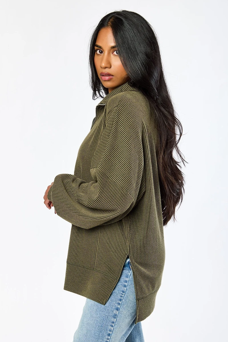 Oversized Cozy Rib Quarter Zip Top