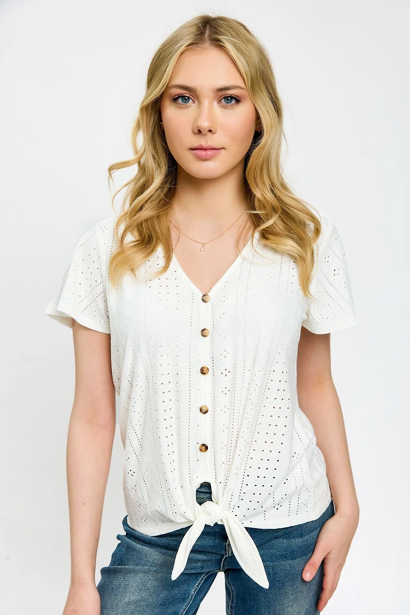 Eyelet-Knit Short-Sleeve Tie-Front Top
