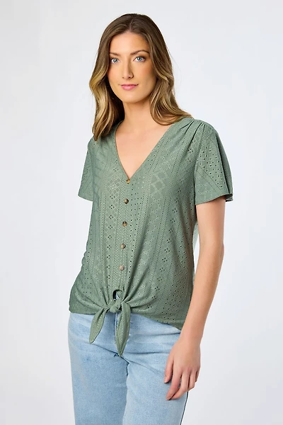 Eyelet-Knit Short-Sleeve Tie-Front Top