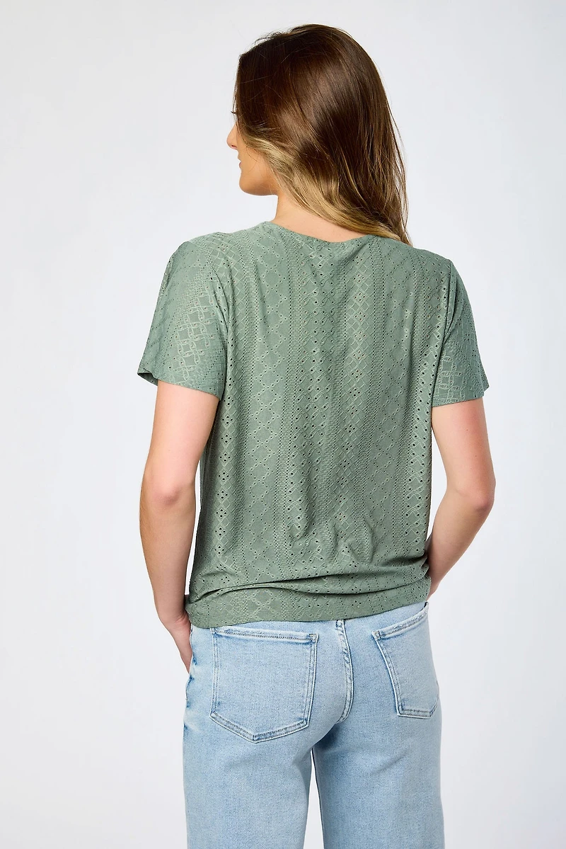 Eyelet-Knit Short-Sleeve Tie-Front Top