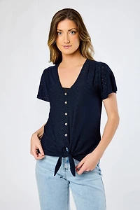 Eyelet-Knit Short-Sleeve Tie-Front Top