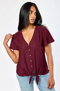 Eyelet-Knit Short-Sleeve Tie-Front Top