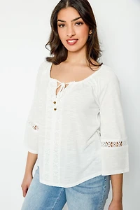 Long-Sleeve Blouse with Lace Trim and Tie Detail