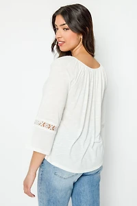 Long-Sleeve Blouse with Lace Trim and Tie Detail