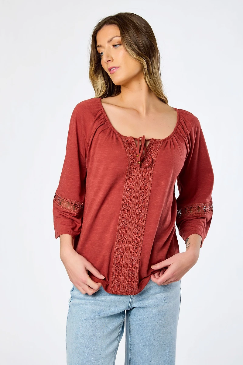 Long-Sleeve Blouse with Lace Trim and Tie Detail