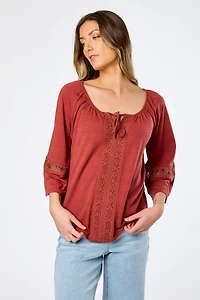 Long-Sleeve Blouse with Lace Trim and Tie Detail