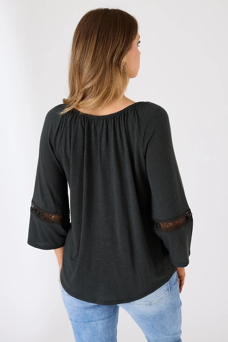 Long-Sleeve Blouse with Lace Trim and Tie Detail