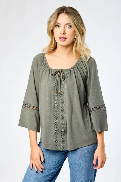 Long-Sleeve Blouse with Lace Trim and Tie Detail