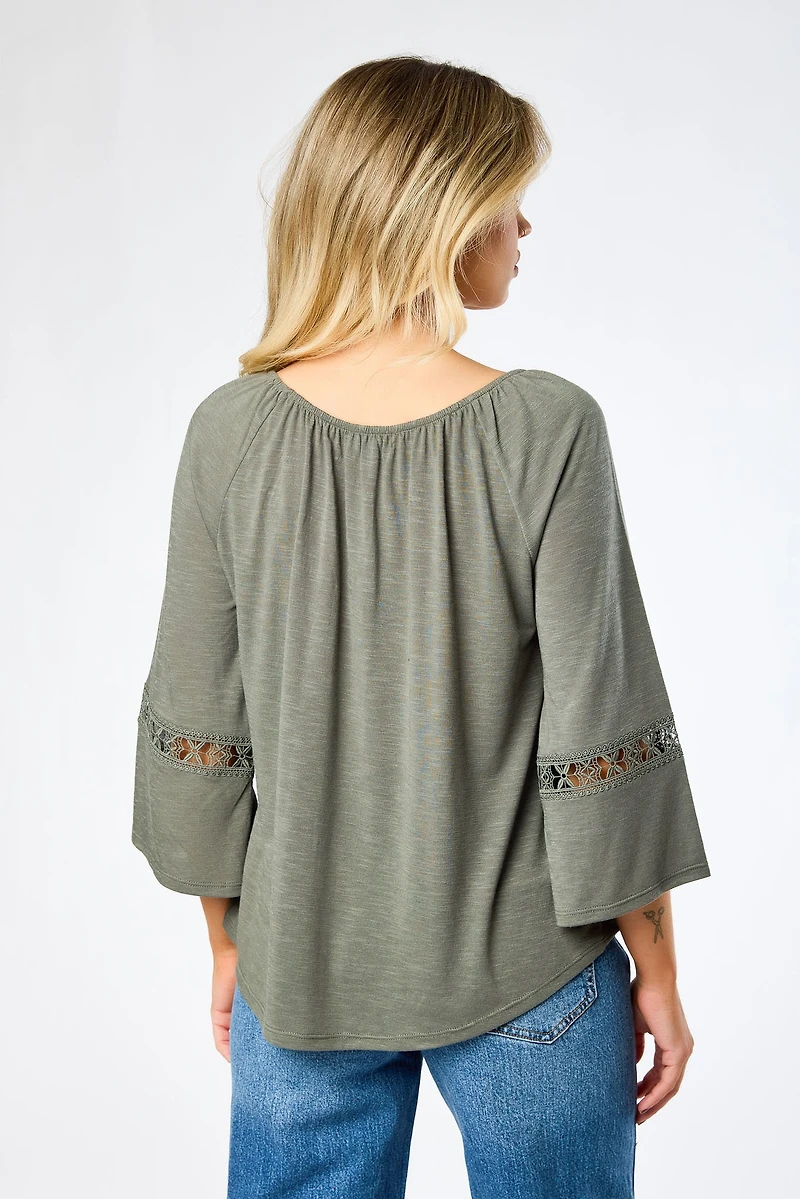 Long-Sleeve Blouse with Lace Trim and Tie Detail