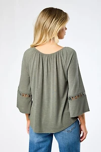 Long-Sleeve Blouse with Lace Trim and Tie Detail