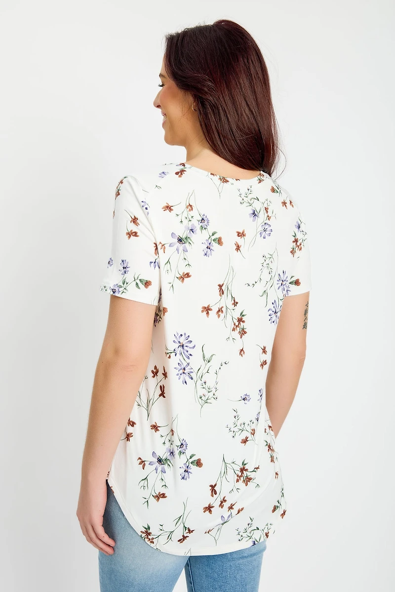 Ivory Floral Short-Sleeve V-Neck Top