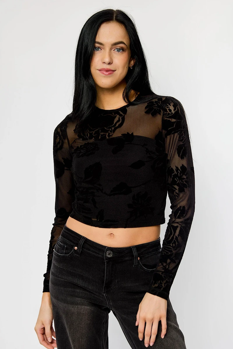 Flocked Floral Crew-Neck Long-Sleeve Cropped Mesh Top