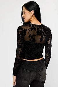 Flocked Floral Crew-Neck Long-Sleeve Cropped Mesh Top