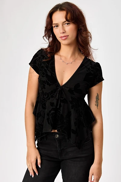 Flocked Floral V-Neck Cap-Sleeve Mesh Handkerchief Top