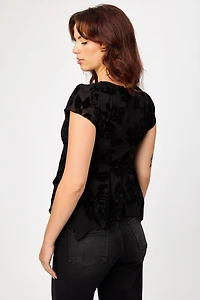 Flocked Floral V-Neck Cap-Sleeve Mesh Handkerchief Top