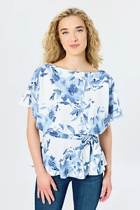 Floral Stretch Crepe Batwing Peplum Top with Tie-Belt