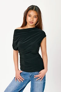 Ruched Cowl-Neck Cap-Sleeve Top