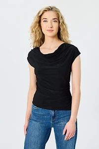 Ruched Cowl-Neck Cap-Sleeve Top
