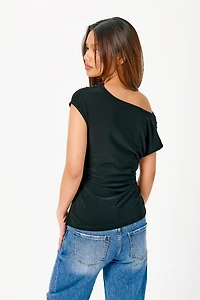 Ruched Cowl-Neck Cap-Sleeve Top