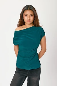 Ruched Cowl-Neck Cap-Sleeve Top