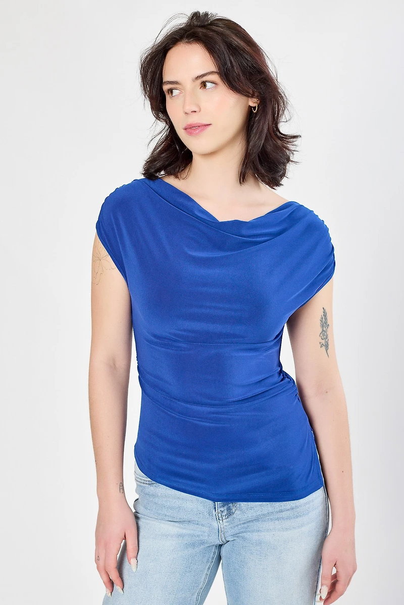 Ruched Cowl-Neck Cap-Sleeve Top