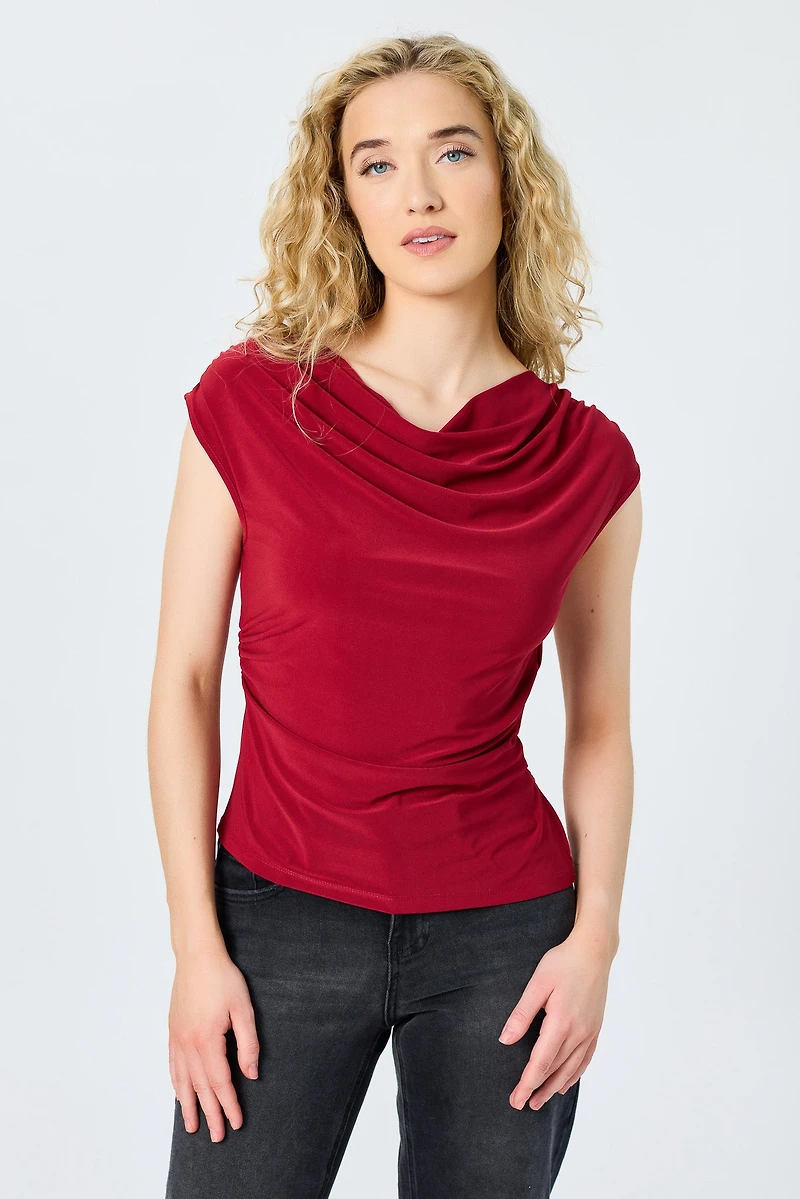 Ruched Cowl-Neck Cap-Sleeve Top