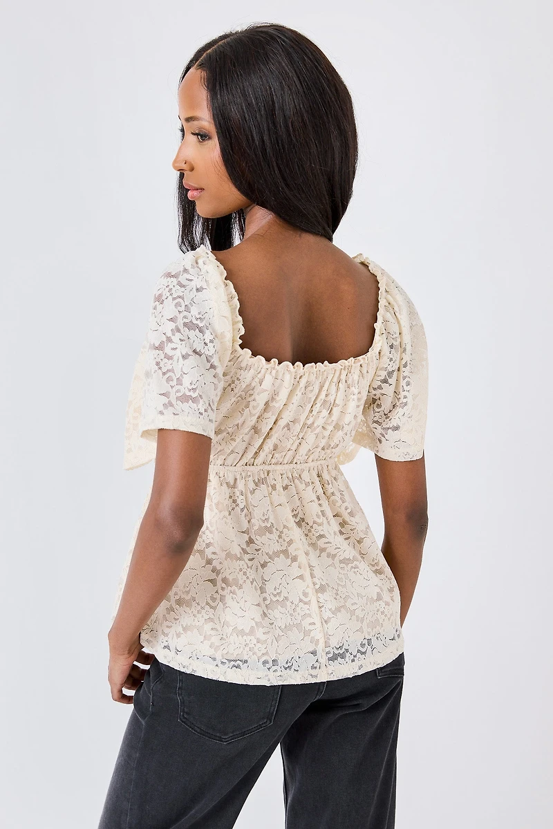 Floral Lace Flutter-Sleeve Babydoll Top