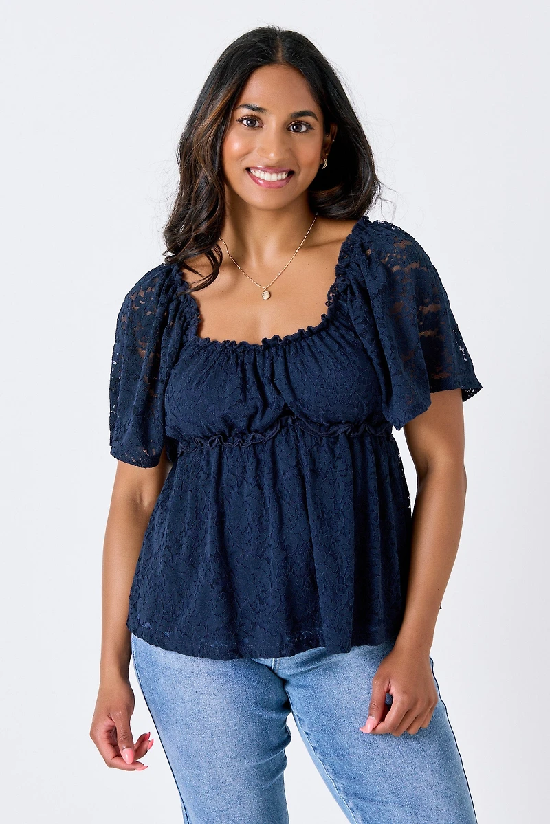 Floral Lace Flutter-Sleeve Babydoll Top