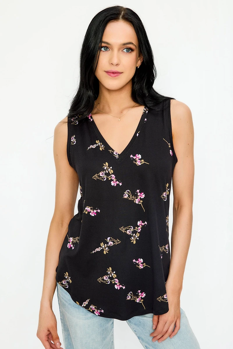 Small Floral Brushed Sleeveless V-Neck Top